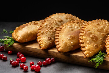Uzbek Tatar cuisine. Fried chebureks, pies from air dough and meat on a wooden board, on a dark background.