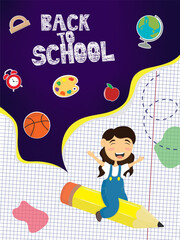cartoon illustration of a joyful girl on a pencil on a bright background