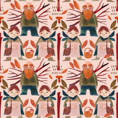 Watercolor seamless patern with autumn gnomes . Seasonal wrapping paper. Fall. Raster illustration for packaging, wallapers, wrapping paper, textile.