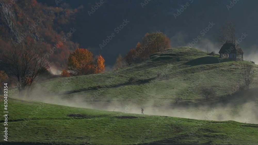 Poster Man walking on large green plains on valley hills with smoke with colorful trees