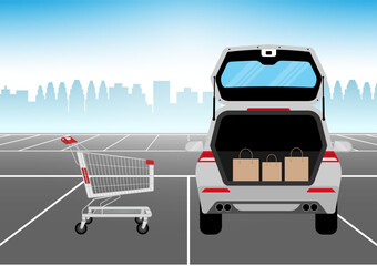 Shopping Bags in Car trunk at Parking Lot. Shopping in Supermarket or Convenience Store. Shopping Concept. Vector Illustration.  © BillionsPhoto