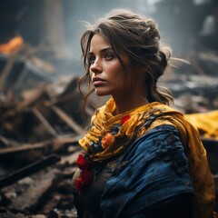 Beautiful strong and brave young Ukrainian military girl in uniform with yellow and blue elements, standing on the background of destruction with sadness in her eyes and hope for a peaceful future