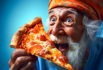Portrait senior older man enjoy hungry eating pizza.menu cooking and fastfood concepts.healthy nutrition lifestyle.generative ai technology