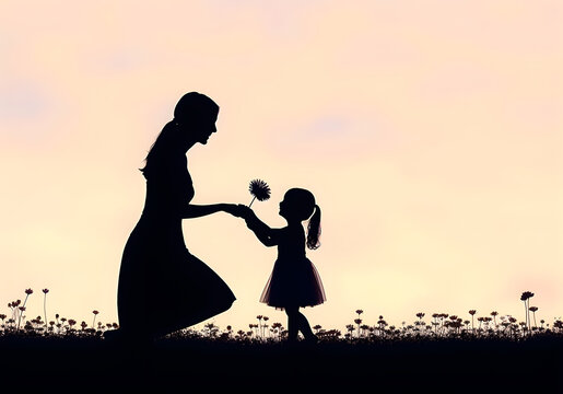 Daughter giving flower to mother. Concept of mother day.