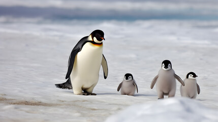 Obraz premium Dad or mom and baby penguins. Father love, bond and parenting concept.