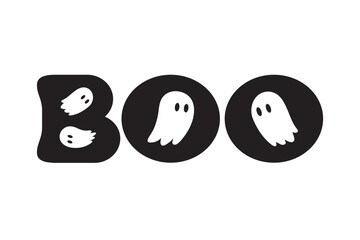 Boo Text with Ghost. Cute Halloween ghost with speech bubble. Boo. Vector.
