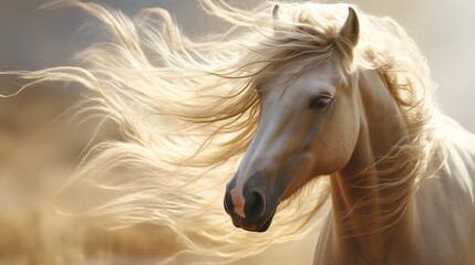  a white horse with long hair blowing in the wind with a blurry background.  generative ai - obrazy, fototapety, plakaty