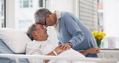 Hospital, love or elderly couple, sick patient and affection for empathy, marriage bond and support for senior person. Retirement healthcare, forehead and man with medical care, cancer or disease