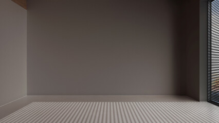 Dark late evening scene, empty room interior design, open space with resin floor, wooden beams ceilin, modern japandi architecture concept idea