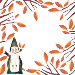 Watercolor frame with autumn tree wuith orange leaves and gnome. Isolated clipart. Raster illustration for packaging, greeting cards, gifts