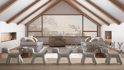 Wooden table top or shelf with line of stylized dogs, dog friendly concept, love for animals, animal dog proof home, wooden japandi living room, copy space, minimal interior design