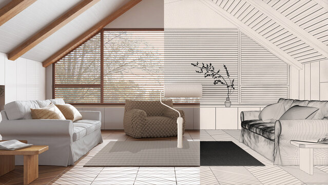 Paint roller painting interior design blueprint sketch background while the space becomes real showing living room. Before and after concept, architect designer creative work flow