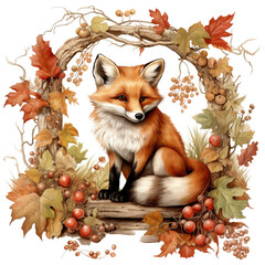 Fox Fall Woodland Animal Watercolor Clipart, Autumn Animal Illustration, made with generative AI
