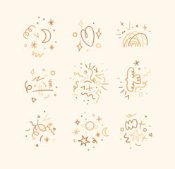 Cute color linear composition with moon, heart, rainbow, tornado, planets, symbols and elements drawing on beige background