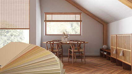 Color palette close up sample. Paint selection catalog over interior design scene, japandi wooden...