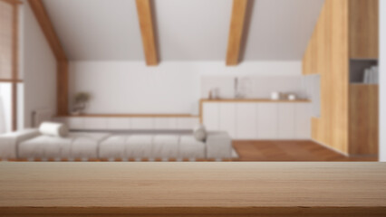 Empty wooden table, desk or shelf with blurred view of japandi scandinavian kitchen, attic penthouse, modern interior design concept