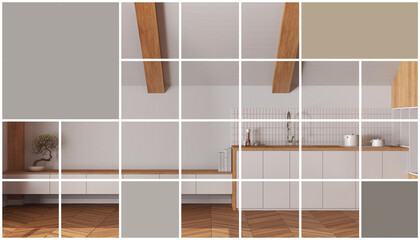 Geometric square mosaic graphic effect with copy space for text, presentation template, mockup idea, japandi kitchen in minimal style. Attic penthouse, concept interior design