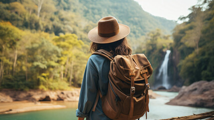 Fototapeta na wymiar Young traveler wearing a hat with backpack hiking outdoor Travel Lifestyle and Adventure concept