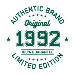 Authentic brand. Original 1992. Limited Edition. Authentic T-Shirt Design. Vector and Illustration. - obrazy, fototapety, plakaty