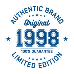 Authentic brand. Original 1998. Limited Edition. Authentic T-Shirt Design. Vector and Illustration.