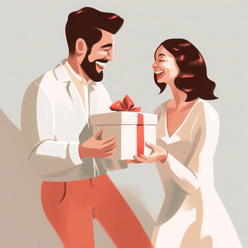 A man gives a delighted and surprised woman a beautifully wrapped gift on a light background. Young loving couple. on a light background. Generative AI.