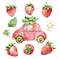 Watercolor bright red strawberry, berry