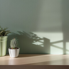 Minimalistic abstract gentle light green background for product presentation with light and intricate shadow from the window and vegetation on wall