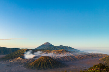 Mount Bromo volcano at sunrise, the magnificent view of Mt. Bromo, located in Bromo Tengger Semeru National Park, East Java, Indonesia