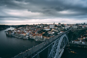 Aerial view of the Ponte Dom Luis bridge near the skyline of Porto, Portugal