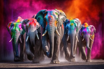 Fototapeta na wymiar Dynamic Elephants in Colorful Powder Explosion