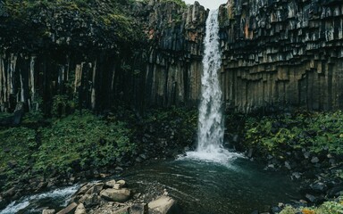 Beautiful shot of the picturesque flowing Svartifoss waterfall in Iceland