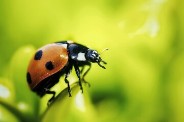 Macro shot of a red ladybird beetle with black dots on its back perched atop a green leaf