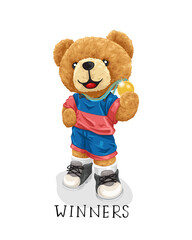 Obraz na płótnie Canvas Vector illustration of hand drawn teddy bear in sportswear holding gold medal