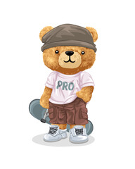 Vector illustration of hand drawn teddy bear in skater style clothing holding skateboard