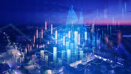 Big data chart on city backdrop.Business development, financial plan and strategy.Analysis finance...