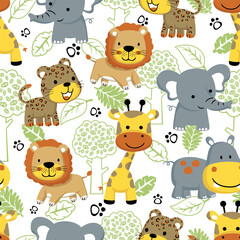 Seamless pattern vector of funny animals cartoon with trees and leaves