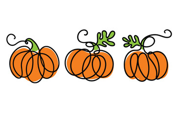 One line art pumpkins, Modern fall holiday background set vector illustration. Single line fall decorative posters.