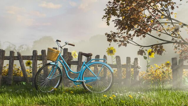 Vintage blue bicycle with sunflower farm with fog cloud footage and autumn tree, 3D illustrations rendering