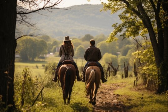 A Couple Horseback Riding Through A Picturesque Countryside . Horse Riding, Countryside, Romance, Picture Perfect Views, Outdoor Activity, Equine Safety, Horse Bonding, Horse Loan Requirement