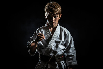 Concentrated Boy Taekwondo Athlete Standsa Black Background . Taekwondo, Boy, Athlete, Black Background, Concentrated, Training, Discipline, Performance