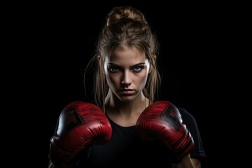 Concentrated Woman Boxer Standsa Black Background . Powerful Woman Boxers, Concentrated Posture, Womens Boxing, Black Background, Posing For A Photo, Stance And Posture, Strength And Courage