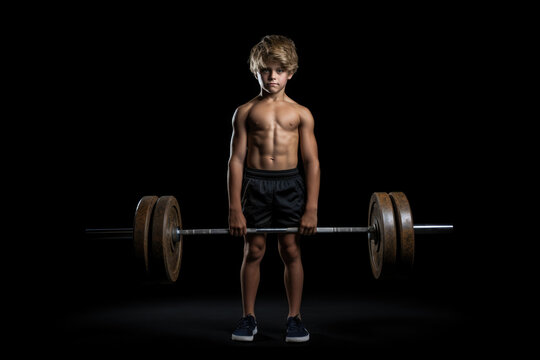 Concentrated Boy Weightlifter Standsa Black Background . Power Of Focus, Concentration Strength, Weight Training Success, Defining Goals, Overcoming Obstacles, Challenging Norms