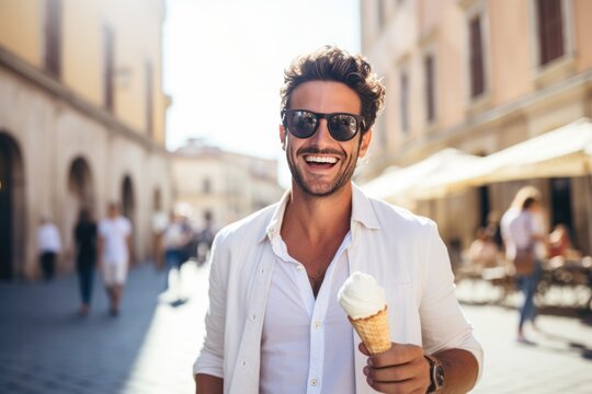 Man Enjoying Ice Cream . Body Positivity, Summer Fun, Taste Treats, Making Memories, Food Adventures, Cool Refreshment, Indulgence, Moderation