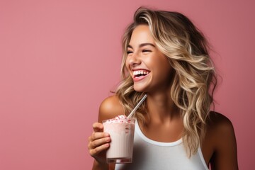 Side View A Happy Woman Drinking Milkshake . Positive Mental Health, Body Confidence, Selfcare, Indulging Responsibly, Healthy Eating, Joyful Indulgences, Wellness Regimens, Celebrating Life
