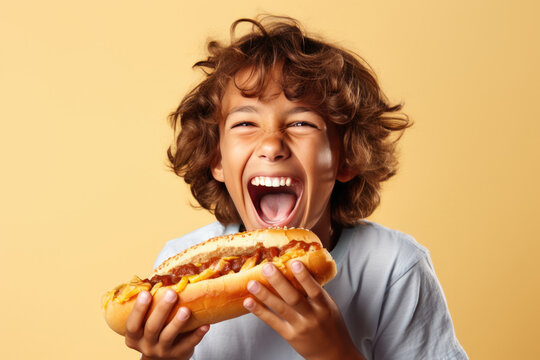 Side View A Happy Boy Eating A Hot Dog . Contentment, Appetite, Joyful Meals, Picnics, Food Photography, Childhood Nostalgia, Young Boys, Hot Dogs