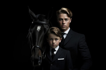 Man And Young Boy Equestrian Standsa Black Background . Man Young Boy Equestrian, Horseback Riding, Equestrian Fashion, Black Backgrounds, Animal Human Bonds, Riding As A Family Activity - obrazy, fototapety, plakaty