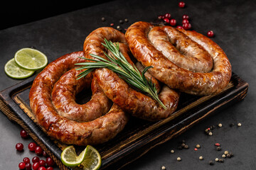 German cuisine. Juicy fried chicken, beef and pork sausages lie on a wooden board, on a black background.