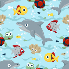 Seamless pattern vector of funny marine animals cartoon