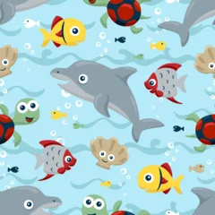 Plexiglas keuken achterwand In de zee Seamless pattern vector of funny marine animals cartoon