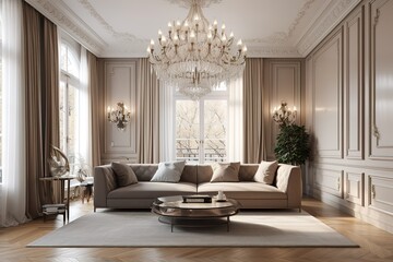 Lavish Living Room Sanctuary with Designer Furniture, High Ceilings. Generated AI